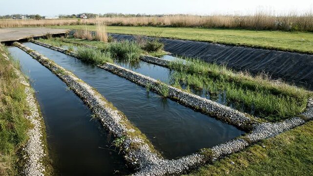 Medium shot of a lined leachate pond with clear containment berms managing runoff from organic compost pads under bright daylight. Medium shot of a covered leachate tank system