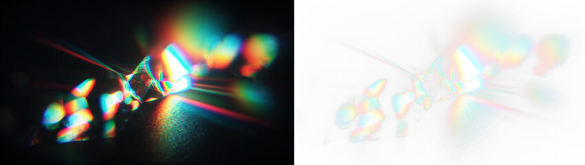 Holographic crystal prism png with rainbow light dispersion, sparkle flare effect, caustic surface glow, transparent abstract background and minimal futuristic composition. © Artem