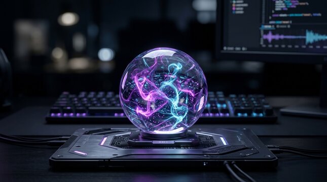 Glowing plasma sphere with neon energy on tech desk for artificial intelligence prediction