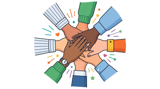 Hands of a professional team stack in a circle to demonstrate commitment, synergy, and shared corporate goals.