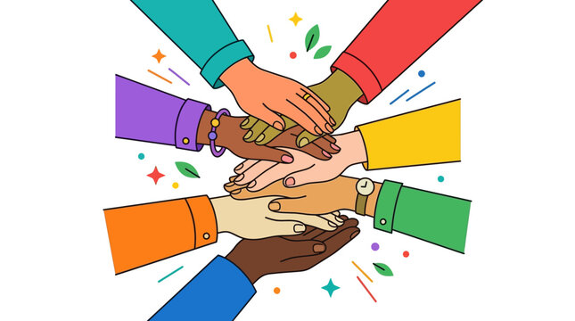 Hands of various people join together in a central circle to celebrate friendship, diversity, and mutual cooperation.
