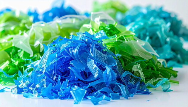 Abstract environmental background featuring vibrant blue and green polymer shards on a clean backdrop