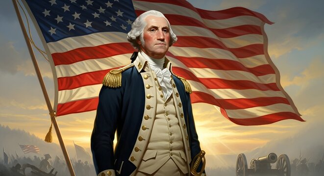 American general in military uniform with flag and cannon