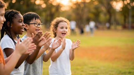 Naklejka premium Diverse group of happy children cheering and clapping outdoors at sunset.
