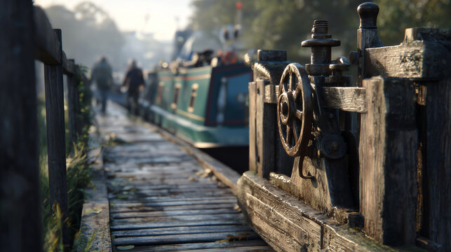Close-up of a cast-iron lock gate windlass beside a moored narrowboat with a walker on the towpath in soft morning light