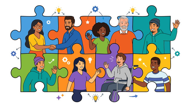 People from diverse backgrounds connect as puzzle pieces to represent the strength of community and collaborative teamwork in a modern social environment.