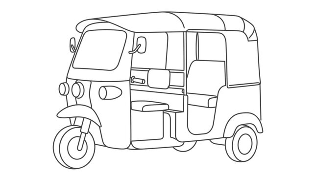 Auto rickshaw tuk tuk coloring page vector line art.