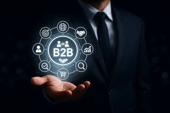 Professional businessman holding a glowing b2b business to business network icon representing corporate growth
