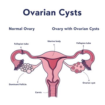 Diagram illustrating a normal ovary next to an ovary affected by multiple ovarian cysts and pathologies