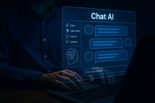 Person using artificial intelligence chat bot interface on laptop screen for automated digital communication tasks