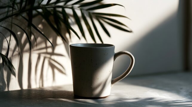 A minimalist ceramic coffee cup is beautifully highlighted by soft intricate shadows cast by green foliage