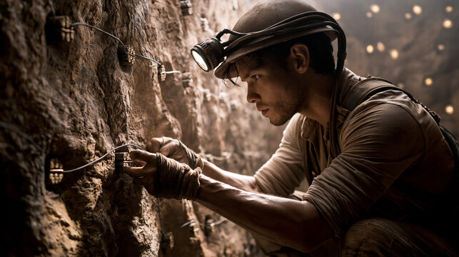 Worker in a mine setting explosives for excavation during daylight hours