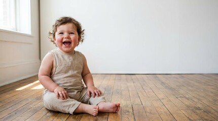 Naklejka premium A cute happy baby sitting on a wooden floor.