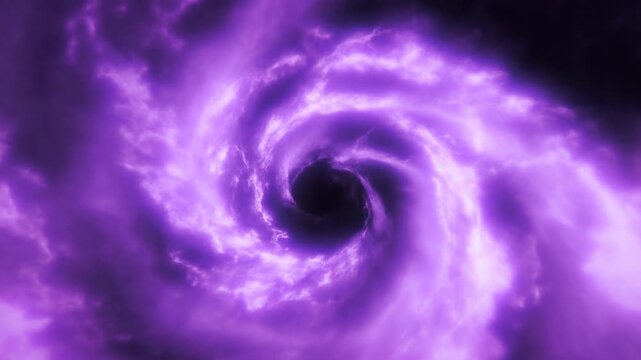 Slow zoom into swirling purple nebula vortex rotating inward through cosmic cloud portal in deep outer space tracking shot of luminous spiral energy core