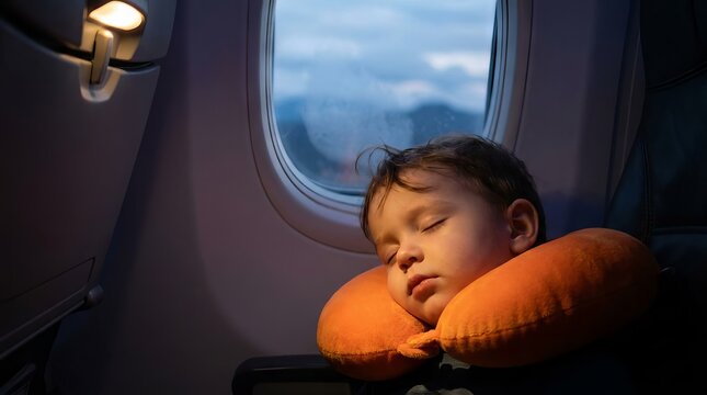 A toddler sleeping peacefully on an airplane seat with an orange neck pillow.