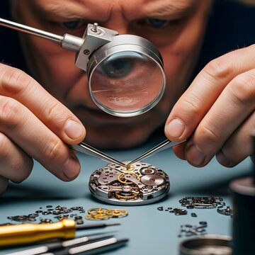 Watchmaker meticulously repairs intricate watch movement with tweezers under magnification
