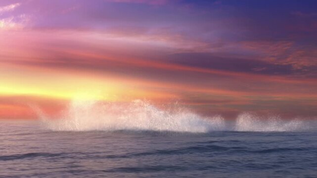 Slow motion tracking shot of humpback whale tail rising and slapping water on open ocean at sunset with spray and silhouette against colorful sky