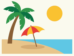 Fototapeta premium A simple cartoon illustration of a sunny beach scene with a palm tree, a colorful umbrella, and blue ocean water under a bright yellow sun.