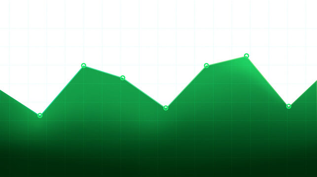 Green Graph Peak: A vibrant green graph illustrates an upward trend, showing peaks and valleys against a clean white backdrop. This graphic represents growth, progress, or data analysis.