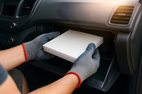 Close-up of hands wearing gray gloves, replacing a white car cabin air filter inside a car's glove compartment.