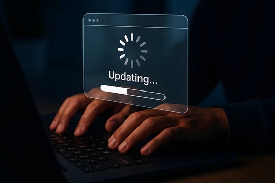 Hands typing on a laptop keyboard with a loading bar and 'updating...' text on a digital screen, symbolizing software update.