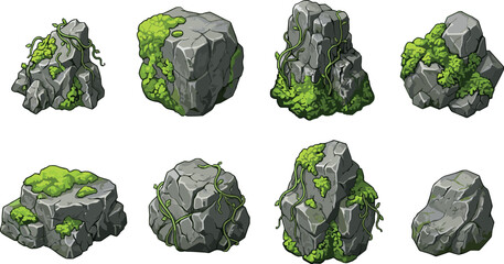 Gray Stone and Forest Moss Boulder Rock Icon Set with Vine Details for Video Game Environment Design and Nature Landscape UI Graphics © MdRaisul