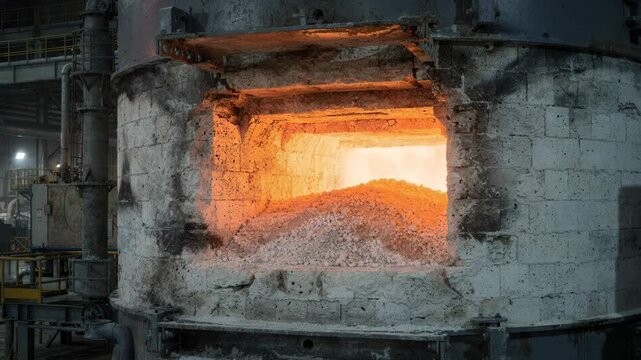Medium shot of a magnesium oxide furnace section glowing intensely as hightemperature sintering transforms magnesia inside a refractorylined chamber