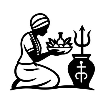 Silhouette of kneeling woman with ritual offerings, isolated on a transparent background. Perfect for cultural art.