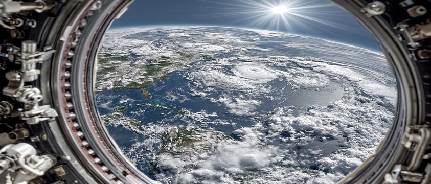 A view of the hurricane from space illustrates the scale of the natural disaster and serves as the main backdrop for reports on the dangers of storms.