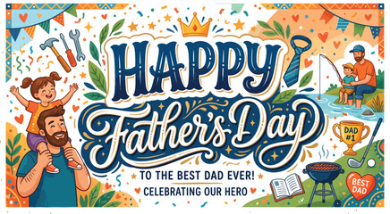 Fototapeta premium Happy father's day illustration with family golf and bbq elements
