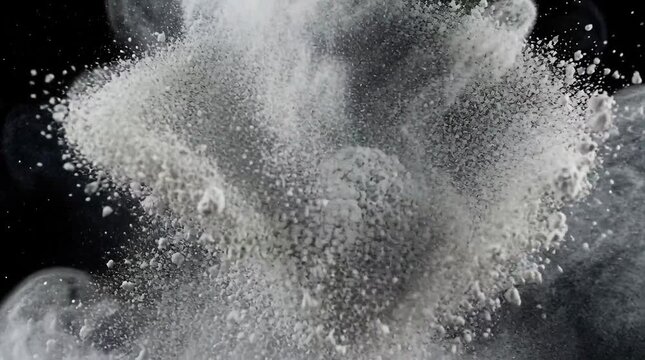 White Powder Explosion Against Black Background with Smoke and Particles Captured in Slow Motion