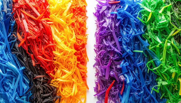 Two parallel lines of shredded plastic with warm colors on one side and cool colors on the other on a white surface