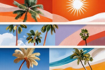 Obraz premium Abstract tropical summer posters with colorful palm trees, sun and beach-inspired graphic panels