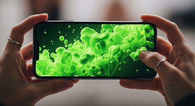 Hands Holding Smartphone with Green Splash Screen.
