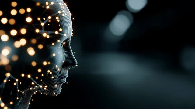 Human head with illuminated brain explores neurology and artificial intelligence in a dark setting to understand brain functions