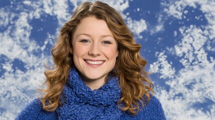 Fototapeta premium A smiling girl in a warm blue jumper against a winter sky creates a cosy image that serves as a cheerful backdrop for adverts promoting winter clothing, travel and the festive spirit.