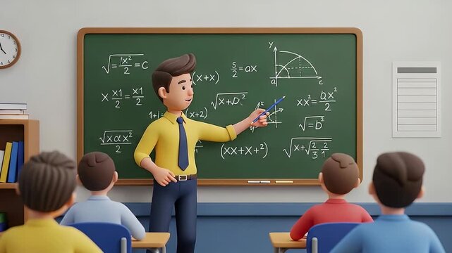 Cartoon teacher explaining math problems to students in classroom
