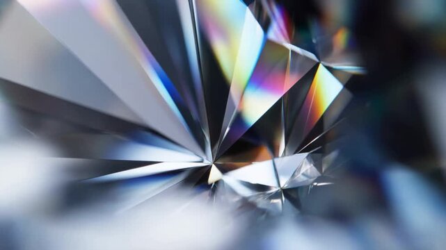 Tracking slow motion macro shot of crystal facets refracting colorful light in studio close up of diamond like prism surface