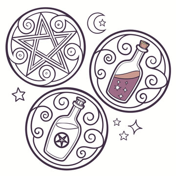Set of esoteric objects isolated illustration with magic pentagram and alchemy potion bottles for witchcraft ritual.