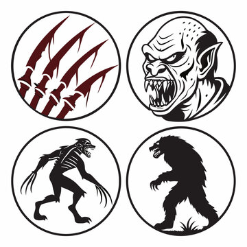 Set of four scary monster silhouettes including bloody claw marks, swamp monster, skeletal demon, and hairy monster in a circle.