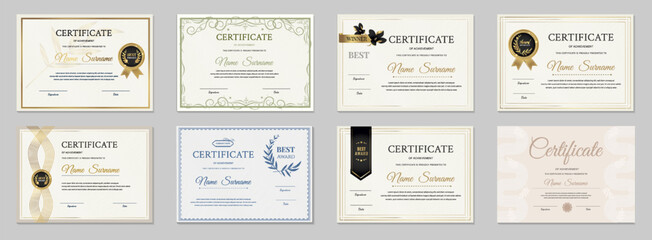 A set of certificate and diploma templates. Eight horizontal vector layouts in classic, gold, and minimalist styles for awarding employees, business, and education graduates. © Uliya