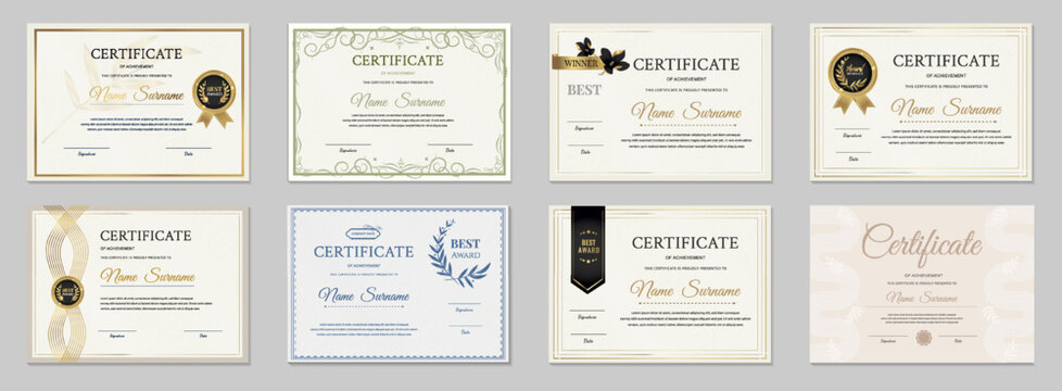 A set of certificate and diploma templates. Eight horizontal vector layouts in classic, gold, and minimalist styles for awarding employees, business, and education graduates.