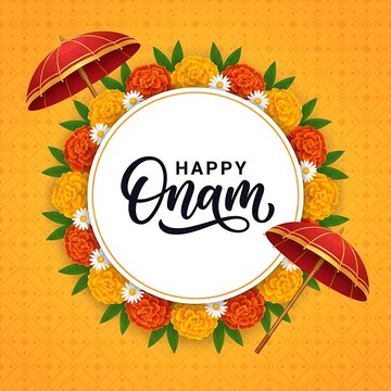 Happy onam festival greeting card with marigold flowers and traditional umbrellas