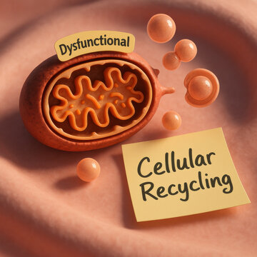 Biomedical scene showing dysfunctional mitochondrion tagged for degradation. Small vesicles forming around organelle for cellular recycling in soft pink and peach tones