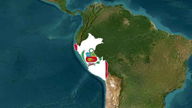 Peru map with flag overlay showing national borders, animated motion graphics footage