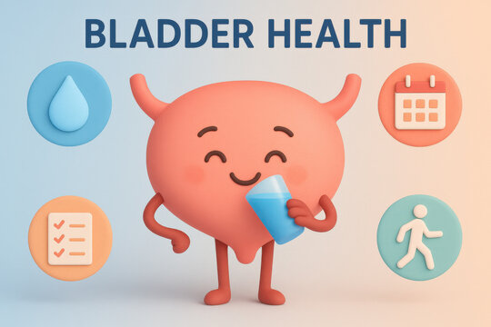 Bladder health educational poster with cute smiling bladder character drinking water alongside floating icons for hydration bathroom schedule healthy habits exercise light blue pastel coral