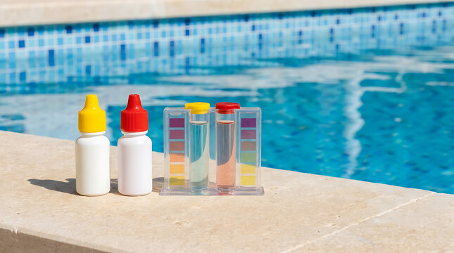 Pool water testing kit with dropper bottles on a stone poolside next to blue swimming pool