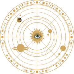 Obraz premium Golden Celestial Galaxy Star Map with Planetary Orbits and Sun.