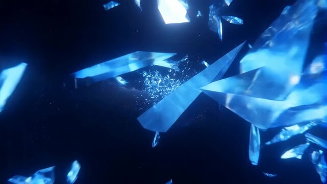 Tracking shot of blue glass shards floating and rotating through dark outer space void with drifting crystal fragments and luminous reflections