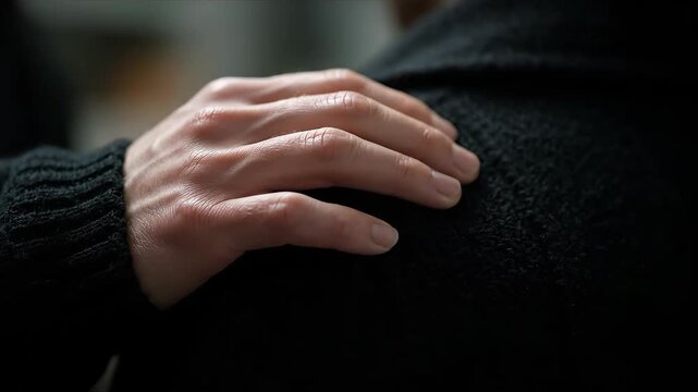 Hand on shoulder providing support. Empathy gesture, comfort, condolence, and emotional connection during difficult times such as a funeral or personal crisis